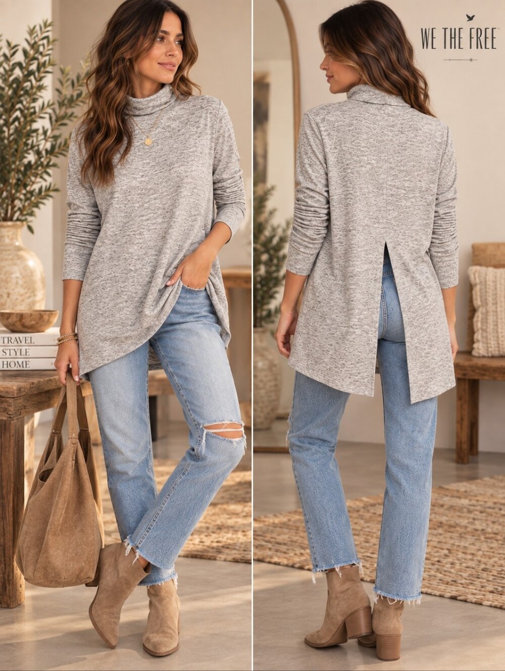 We The‎ Free Stone Cold Turtleneck Tunic Pink Gray Heathered Knit XS